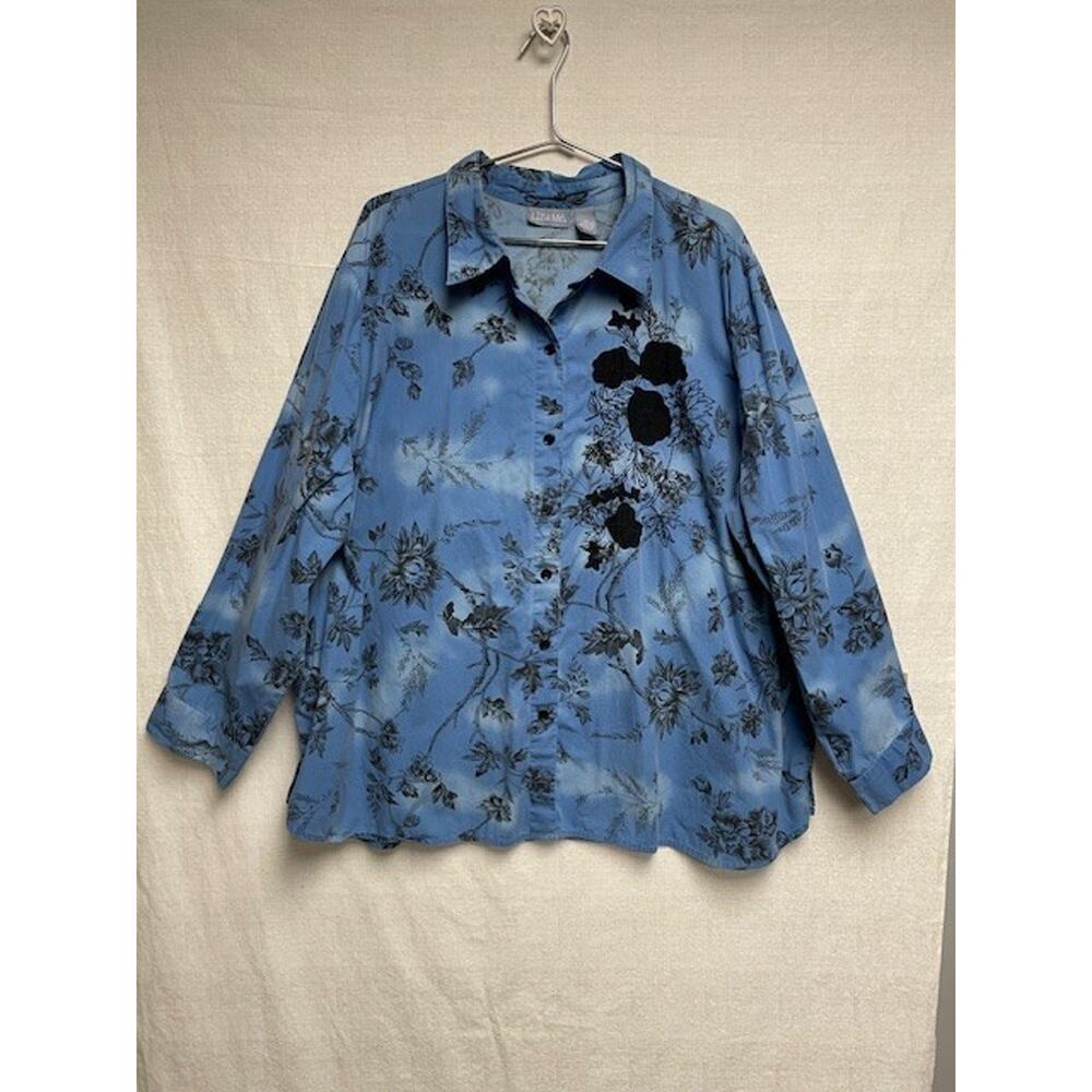 Liz & Me 100% Cotton Long Sleeve Blue Black Foral Women's Shirt - Size 4X